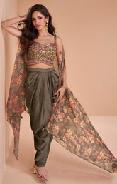 Exclusive handwork on viscose nylon dhoti style Gary dress with floral shrug| unique dress indian wear